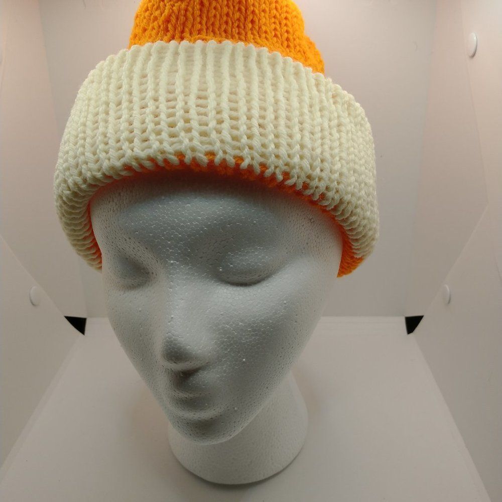 Hand Crafted Knit Unisex Hat Orange Ivory Winter Warm Beanie Slouchy Ski Cap